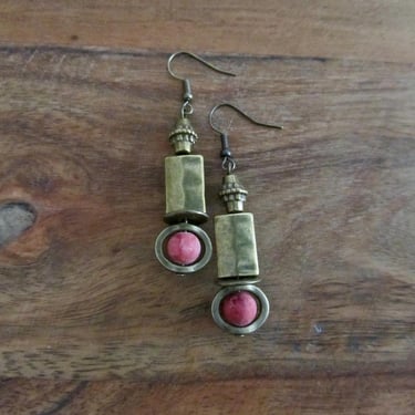 Industrial earrings, red agate and bronze minimalist earrings 