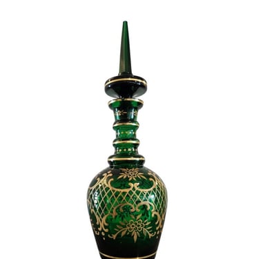 Large Antique Bohemian Moser Gilt Enameled Emerald Green Crystal Glass Decanter Bottle with Faceted Stopper 