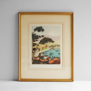 Vintage Etching of the Port at Villefranche-sur-Mer on the French Riviera by Marcel Julien BARON 