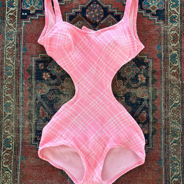 Vintage 60s Pink Plaid Cut Out Swimsuit Bodysuit One Piece Swimwear Small Medium by TimeBa