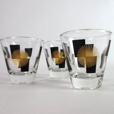 Trio Mid Century Atomic Burst Cocktail Glasses Black Square Gold Starburst Glassware MCM Barware Vintage Anchor Hocking 3 ounce Drink Ware 