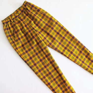Vintage Yellow Plaid Trouser Pants XS S - Wool Blend Pants - Elastic High Waist Tapered Leg Pants - Lined Pants - Slim Cigarette Pants 