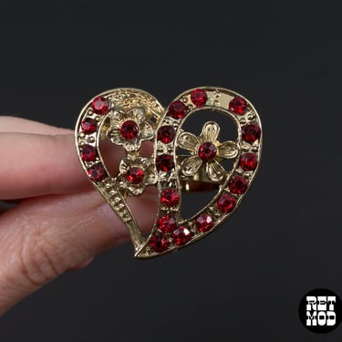 HUGE Gothic Vibes Vintage Gold & Red Heart and Flowers Cocktail Ring 