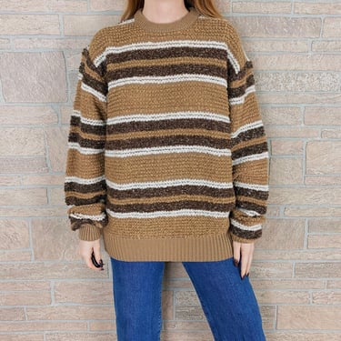 70's Campus Cozy Chunky Textured Knit Striped Pullover Sweater 