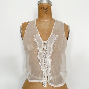 Antique Victorian sheer net shell, netted vest with lace ruffles, XS 