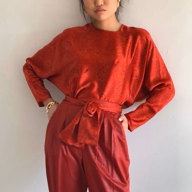 90s silk charmeuse batwing blouse / vintage Ellen Tracy red 100 silk satin crewneck back button blouse + ascot scarf | Large 