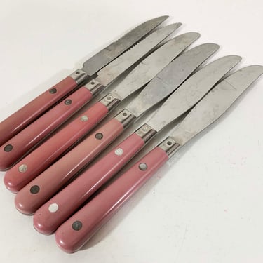 Vintage Set of 6 Knives Butter Flatware Wesley Forge Made in Korea Steak Knife Mid-Century Stainless Steel Pink Rose Mauve 1970s 