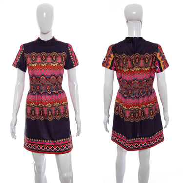 1960's Jean Lang Navy and Multicolor Paisley Print Mini Dress Size M/L