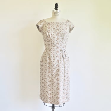 1960's Beige Linen Eyelet Floral Embroidered Sheath Wiggle Day Dress short Sleeve Waist Bow 60's Spring Summer Rockabilly Size Small 