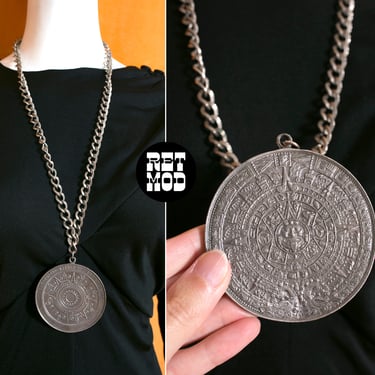 Large Vintage 70s Silver Aztec Mayan Calendar Medallion Necklace 
