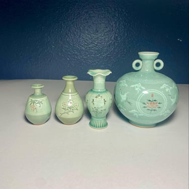 Set of Four ( 4 ) Hand-Made Korean Traditional Art Celadon Vases Crackle-Glazed, Hand-painted Vases With Birds and Flowers 