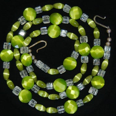 Mod 60's neon green cats eye crackle glass sterling necklace, psychedelic 925 silver beaded statement 