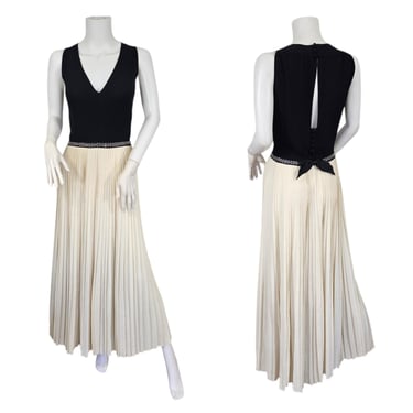 Young Elegante 1960's/70s Black White Pleated Long Column Maxi Dress I Sz med 