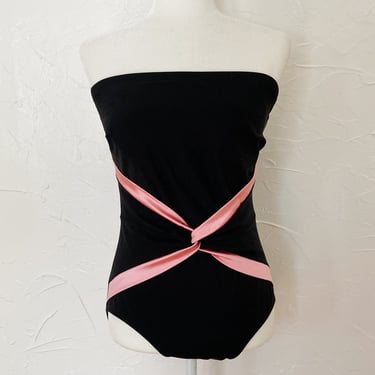 90s Black and Metallic Pink Strapless One Piece Swimsuit | Medium/Large 
