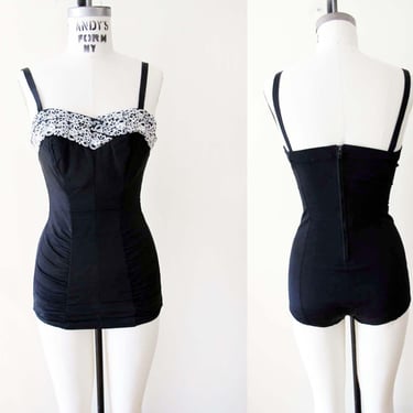 Vintage 50s Womens Black One Piece Bathing Suit XS Catalina - Lace Chest Zipper Back Ruched Full Coverage Retro Padded Chest Swimsuit 