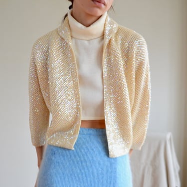 cream wool sequin cropped 60s cardigan sweater 