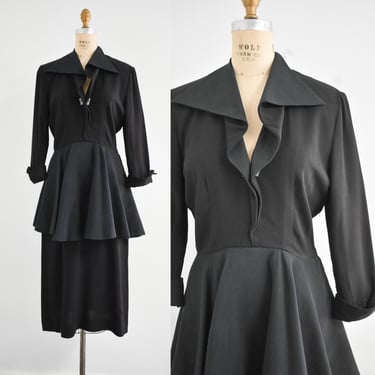 1940s Black Dress with Wide Peplum 