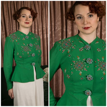 1930s Jacket - Killer Late 30s Vintage Wool Jacket in Vibrant Kelly Green with Fabulous Beaded Details and Large Beaded Buttons 
