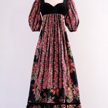 Romantic 1970's Red Roses & Black Velvet Prairie Gown / Sz M