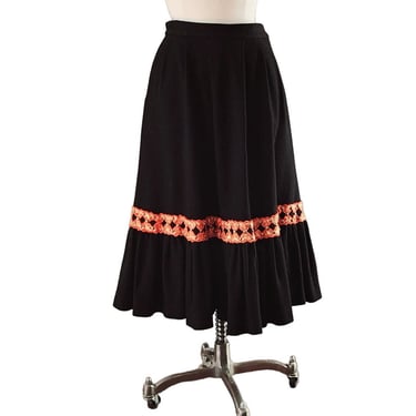 Vintage 40s Black Wool Peasant Skirt Red Gold Embroidery Cabana Sportswear 