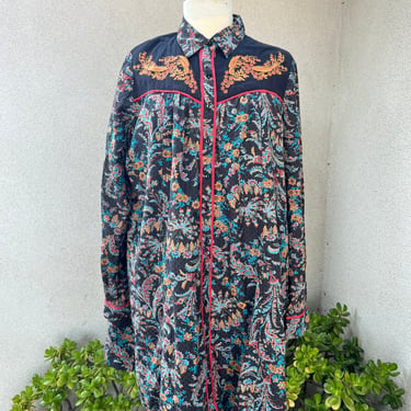 Vintage boho Holding Horse black floral short dress tunic sz 12 lined embroidered 