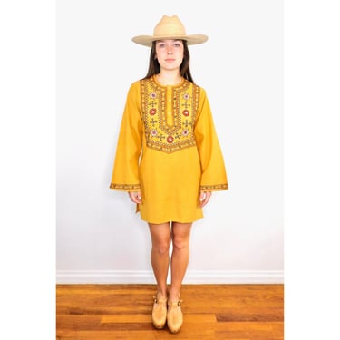 Indian Hand Embroidered Mini Dress // vintage 70s gold tunic blouse boho hippie hippy 1970s woven cotton yellow 70's 1970's // S/M 