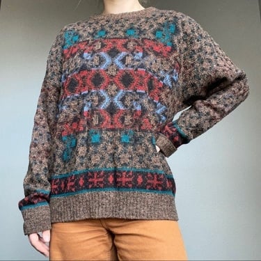Vintage 90s London Flog Grandpa Wool Blend Oversized Geometric Crewneck Sweater Sz L 