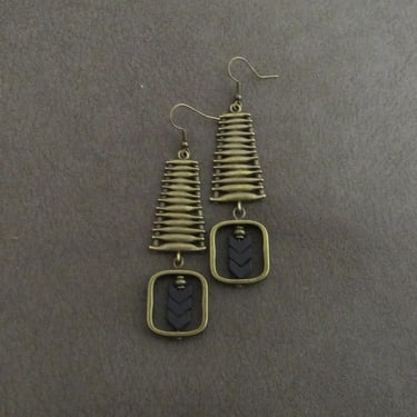 Bronze geometric earrings, statement earrings, chunky bold earrings, etched metal earrings, black arrow earrings, mid century modern 