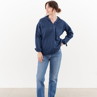 Vintage Overdye Ocean Blue Sailor Popover Shirt | Unisex Herringbone Twill Long Sleeve Pullover | Navy Artist Studio Top | S M 