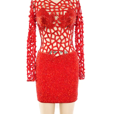 Fire Red Embellished Cage Dress