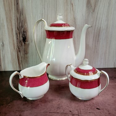 Wedgwood Coffee Pot, Creamer and Sugar with Lid, Crown Ruby Pattern, 3pc set 