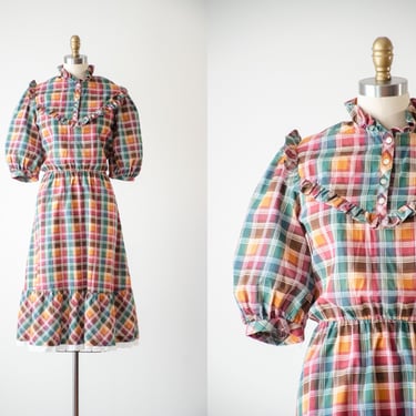 plaid cottagecore dress | 70s 80s vintage yellow green red checkered ruffled high collar puff sleeve prairie fit and flare boho dress 