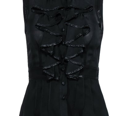 Nanette Lepore - Black Ruffled Button-Up Silk Blouse w/ Metallic Trim Sz 0