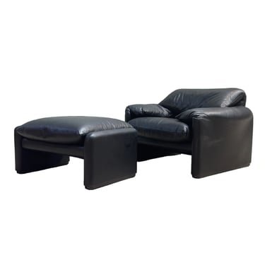 Maralunga Leather Lounge Chair w/Ottoman by Vico Magistretti for Cassina, Italy