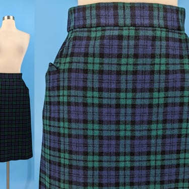 Vintage 50s XS Blue Green Plaid Pencil Skirt - Fifties XS High Waisted Mid Length Wool Skirt 