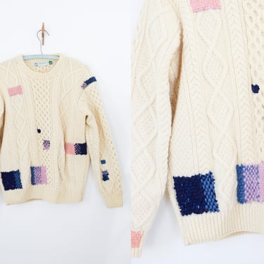 Vintage 1980s Wool Cable Knit with Visible Mending | Cableknit Fisherman's Sweater with Contrast Patches 