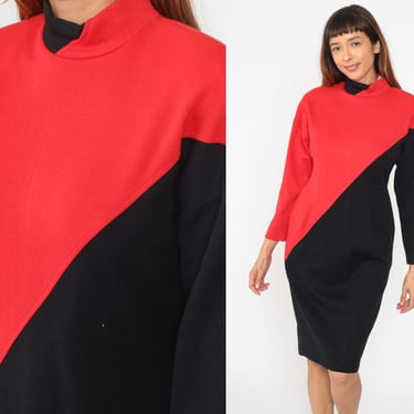 80s Color Block Dress Red Black Midi Long Sleeve Mock Neck 1980s Sheath Dress Vintage 1980s Body Con Retro Fitted MiniDress Medium 