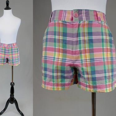 90s Ralph Lauren Plaid Shorts - 25" or snug 26" low waist - Pink Green Purple Orange - Vintage 1990s - Size 0 