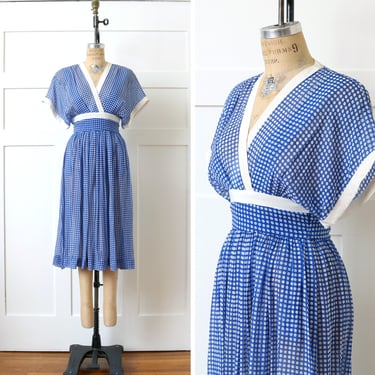 designer vintage 1970s 80s Albert Nipon dress • sheer silk chiffon kimono sleeve dress in blue & white polka dots 
