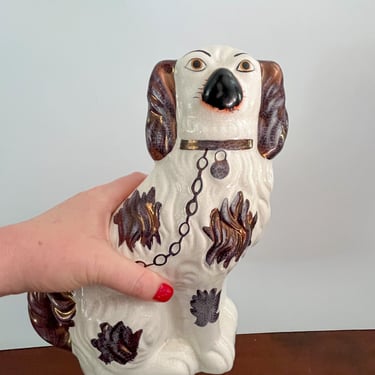 Authentic Copper Lusterware Staffordshire Dog. Large Brown and White Ceramic English Mantel Dog. English Porcelain Spaniel Wally Dogs. 