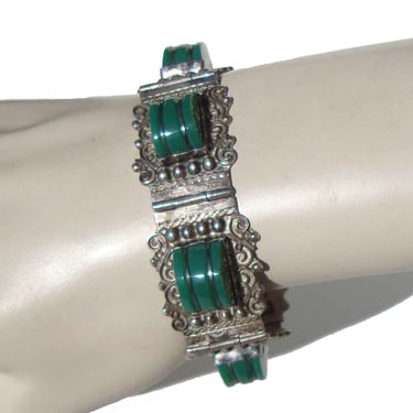 Vintage 50s Mexican Sterling Silver & Green Onyx Panel Bracelet 
