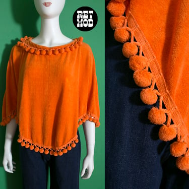Adorable Vintage 60s 70s Orange Terrycloth Poncho with Ball Fringe 