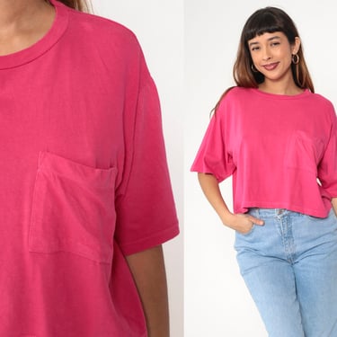 Hot Pink Crop Top Pocket Cropped TShirt 90s T Shirt Plain Fuchsia Retro Tee Normcore Vintage Basic Oversized Large L 