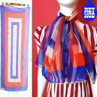 Lovely Airy Vintage 60s 70s Red White Blue Geometric Rectangle Long Sheer Scarf 