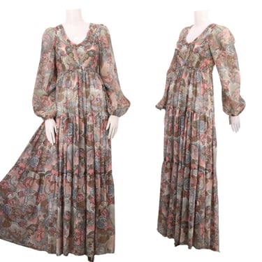 70s fairy smocked maxi dress M-L / vintage 1970s prairie voile maiden peasant Stevie dress gown 