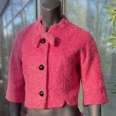 MILLY Vintage Cropped Mohair Jacket - Size 6 - Hot Pink 1990s 90s Clueless Retro Feminine Wool Blend Lined Barbie Bow Elbow Sleeve Designer 