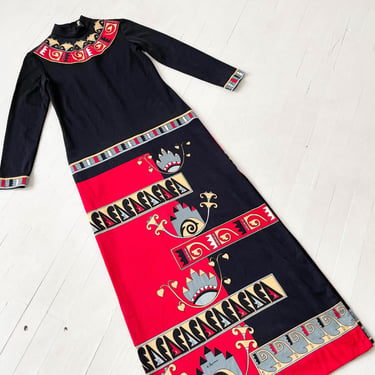 1970s Paganne Printed Jersey Knit Maxi Dress 