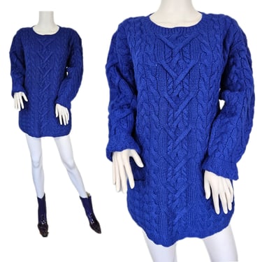 Adrienne Vittadini Royal Blue Oversized Wool Cable Knit Sweater I Sz Med I Pullover 