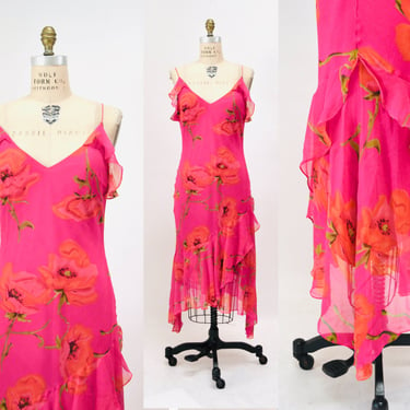 Vintage 90s 00 Y2K Bias Cut Silk Dress Pink Ruffle Floral Print Silk Bias Cut Tank Dress Medium Large Silk Slip Poppy Dress Lillie Rubin 