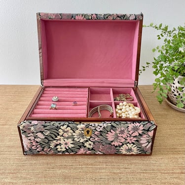 Vintage Jewelry Box - Floral Tapestry Jewelry Chest - Wood Jewelry Box - Pink Gray Cream Black - Two Level Storage - Velvet Pink Interior 